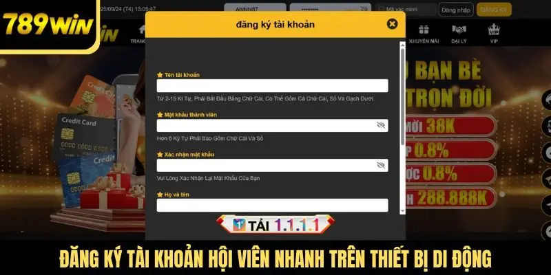 Đăng ký tài khoản hội viên nhanh trên thiết bị di động