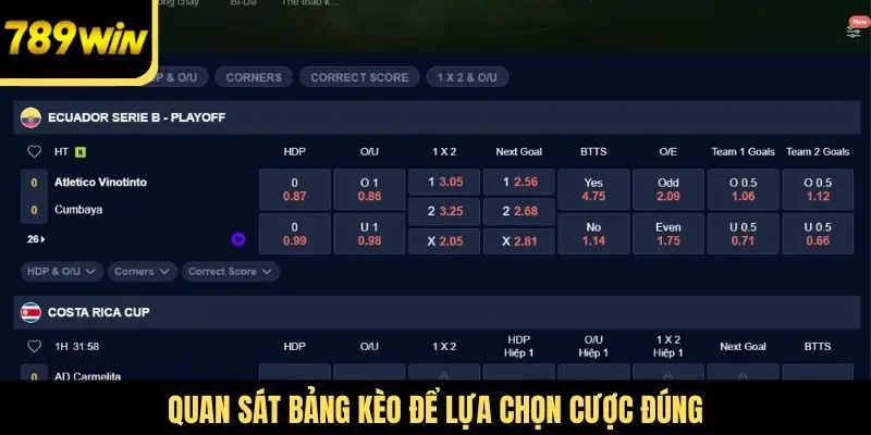 Quan sát bảng kèo để lựa chọn cược đúng